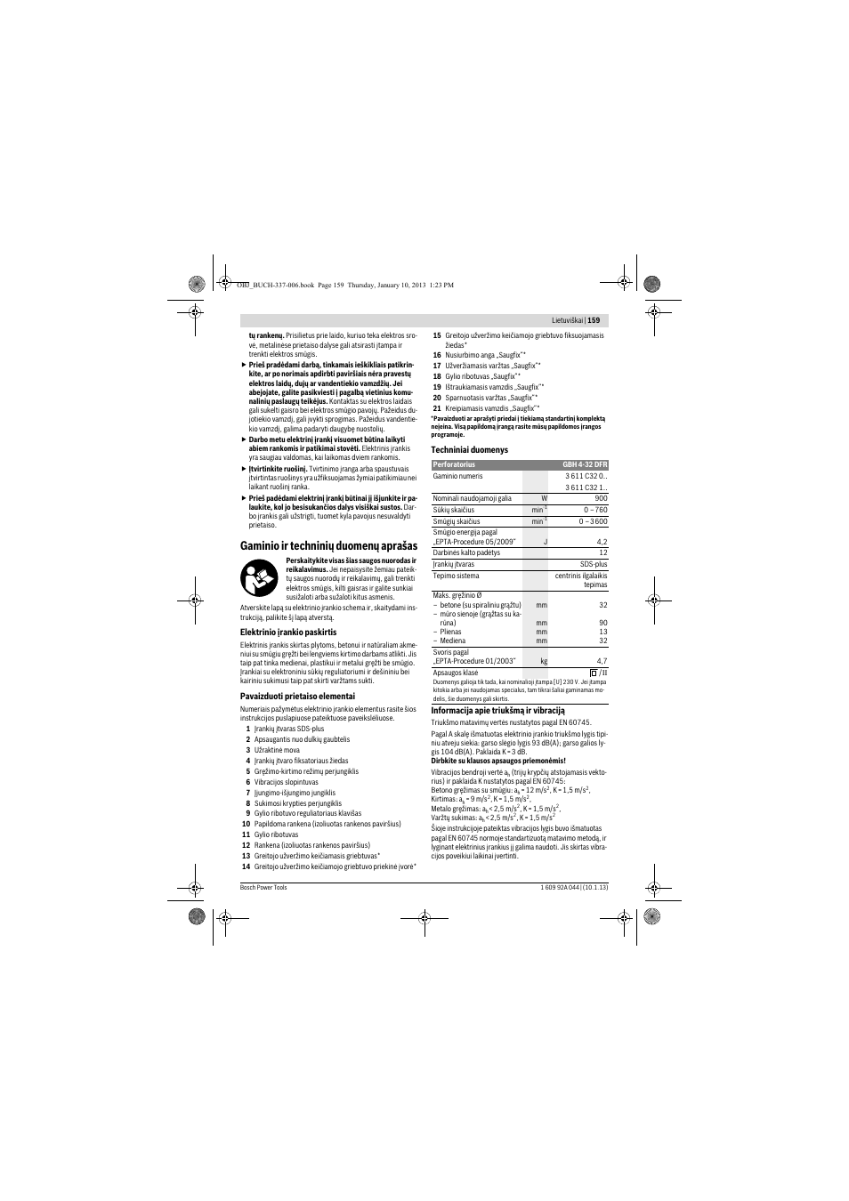 Gaminio ir techninių duomenų aprašas | Bosch GBH 4-32 DFR Professional User Manual | Page 159 / 177