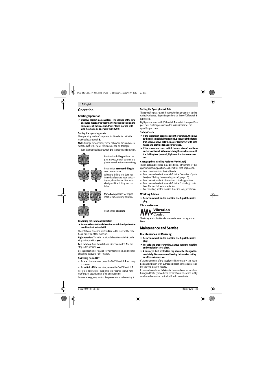 Operation, Maintenance and service | Bosch GBH 4-32 DFR Professional User Manual | Page 16 / 177