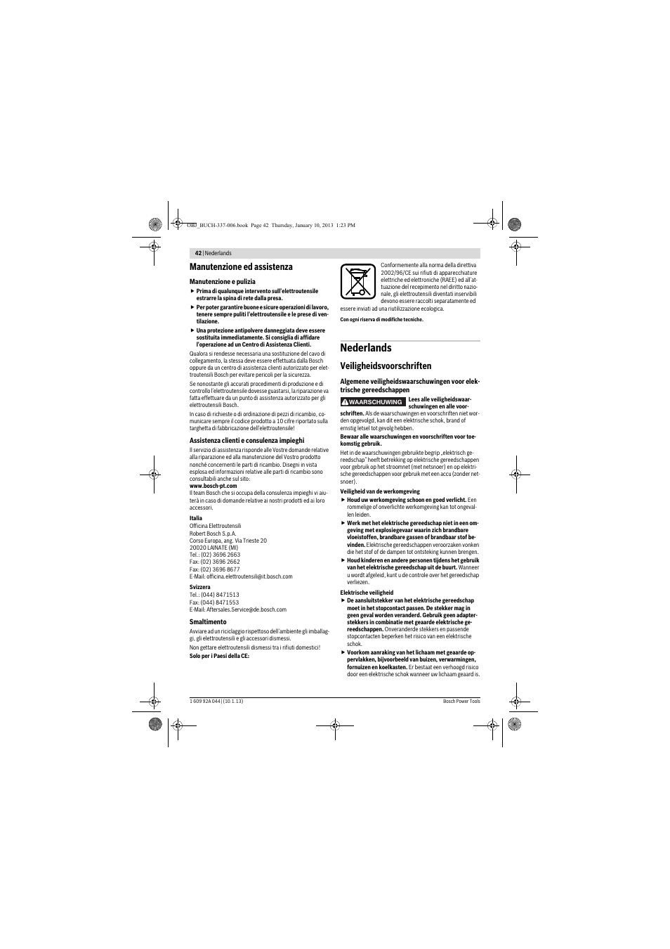 Nederlands, Manutenzione ed assistenza, Veiligheidsvoorschriften | Bosch GBH 4-32 DFR Professional User Manual | Page 42 / 177