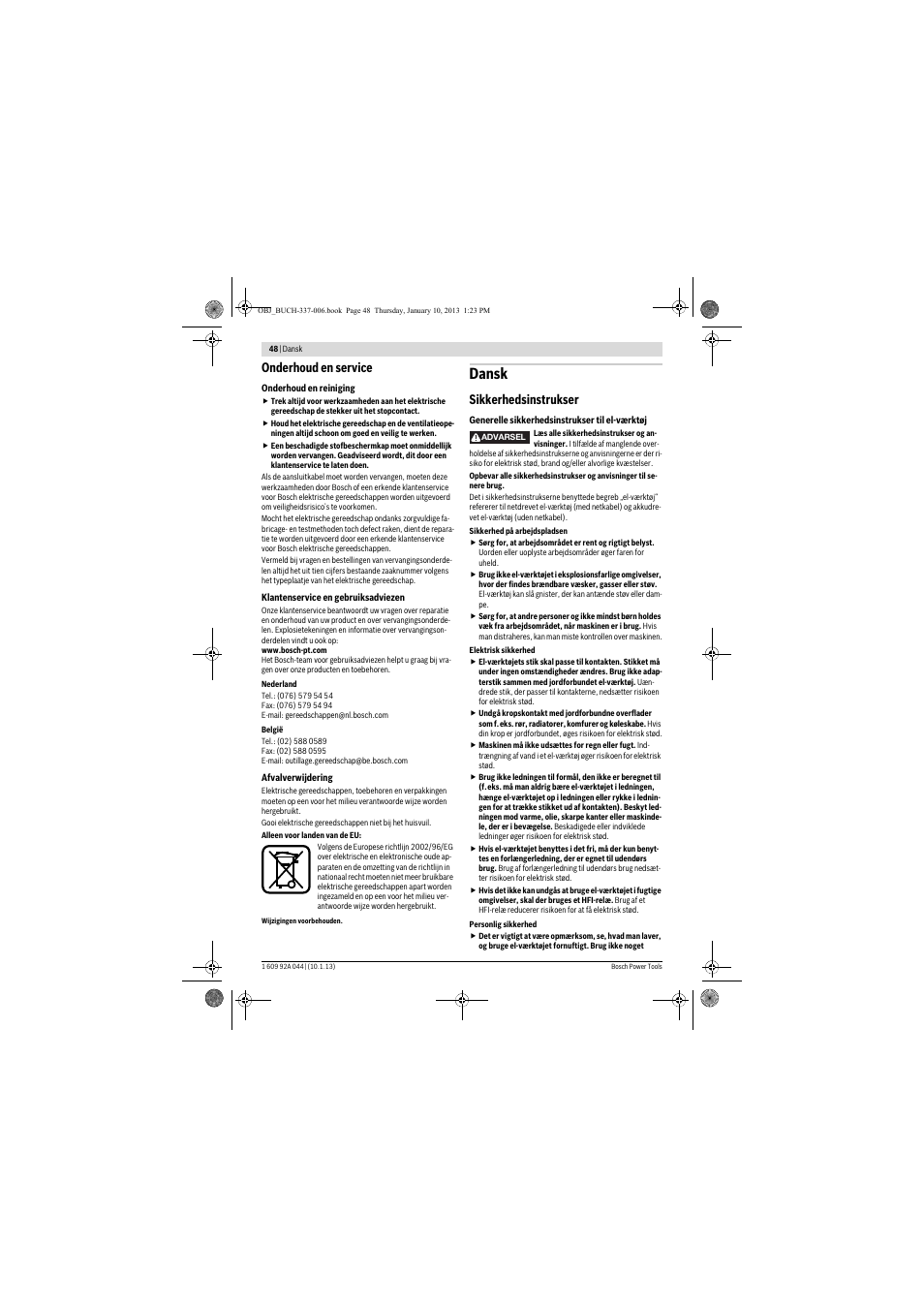 Dansk, Onderhoud en service, Sikkerhedsinstrukser | Bosch GBH 4-32 DFR Professional User Manual | Page 48 / 177