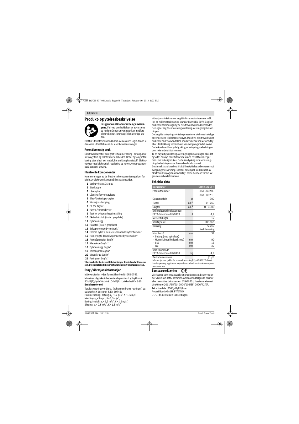 Produkt- og ytelsesbeskrivelse | Bosch GBH 4-32 DFR Professional User Manual | Page 60 / 177