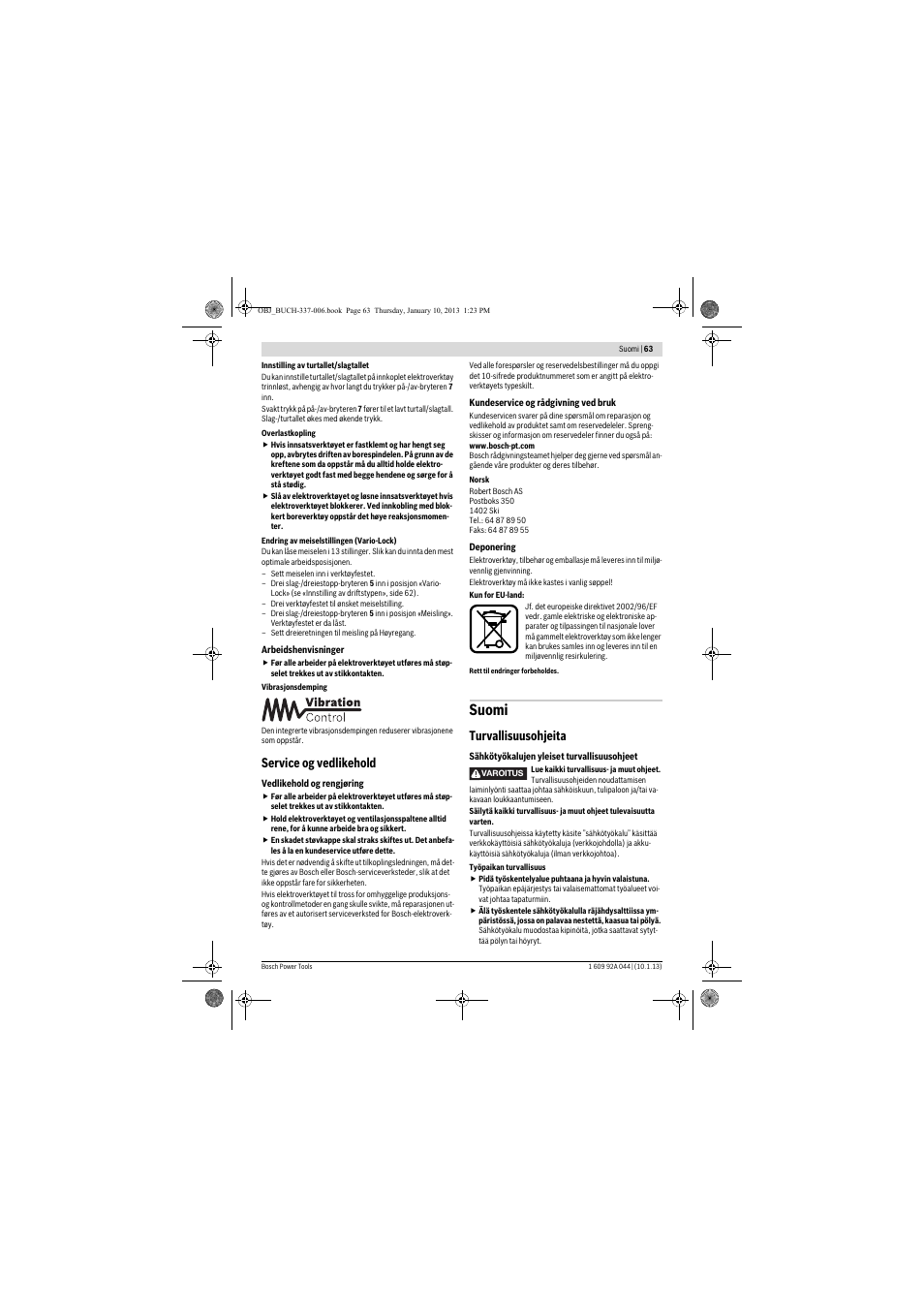 Suomi, Service og vedlikehold, Turvallisuusohjeita | Bosch GBH 4-32 DFR Professional User Manual | Page 63 / 177