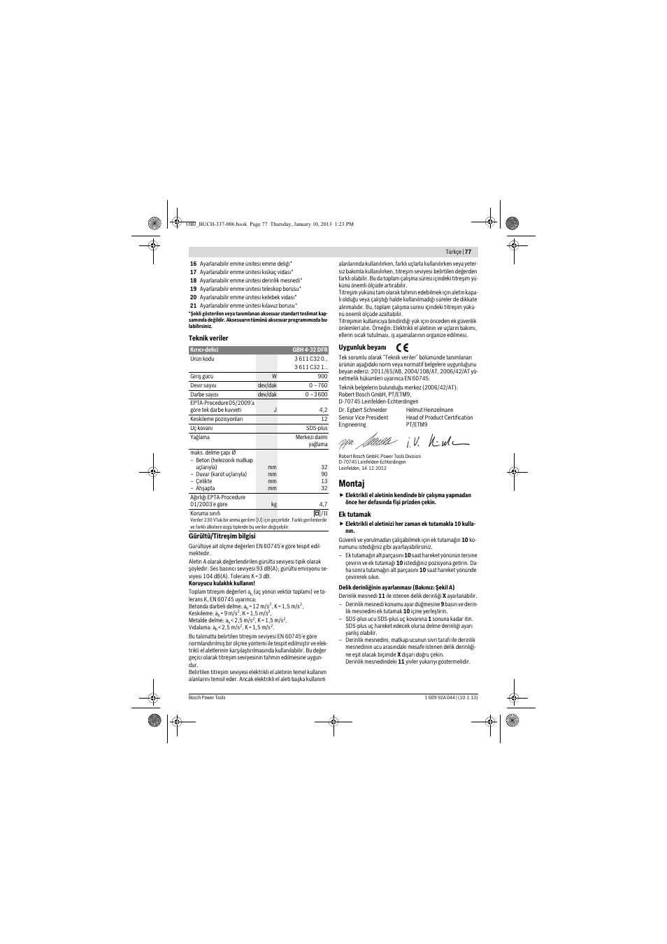 Montaj | Bosch GBH 4-32 DFR Professional User Manual | Page 77 / 177