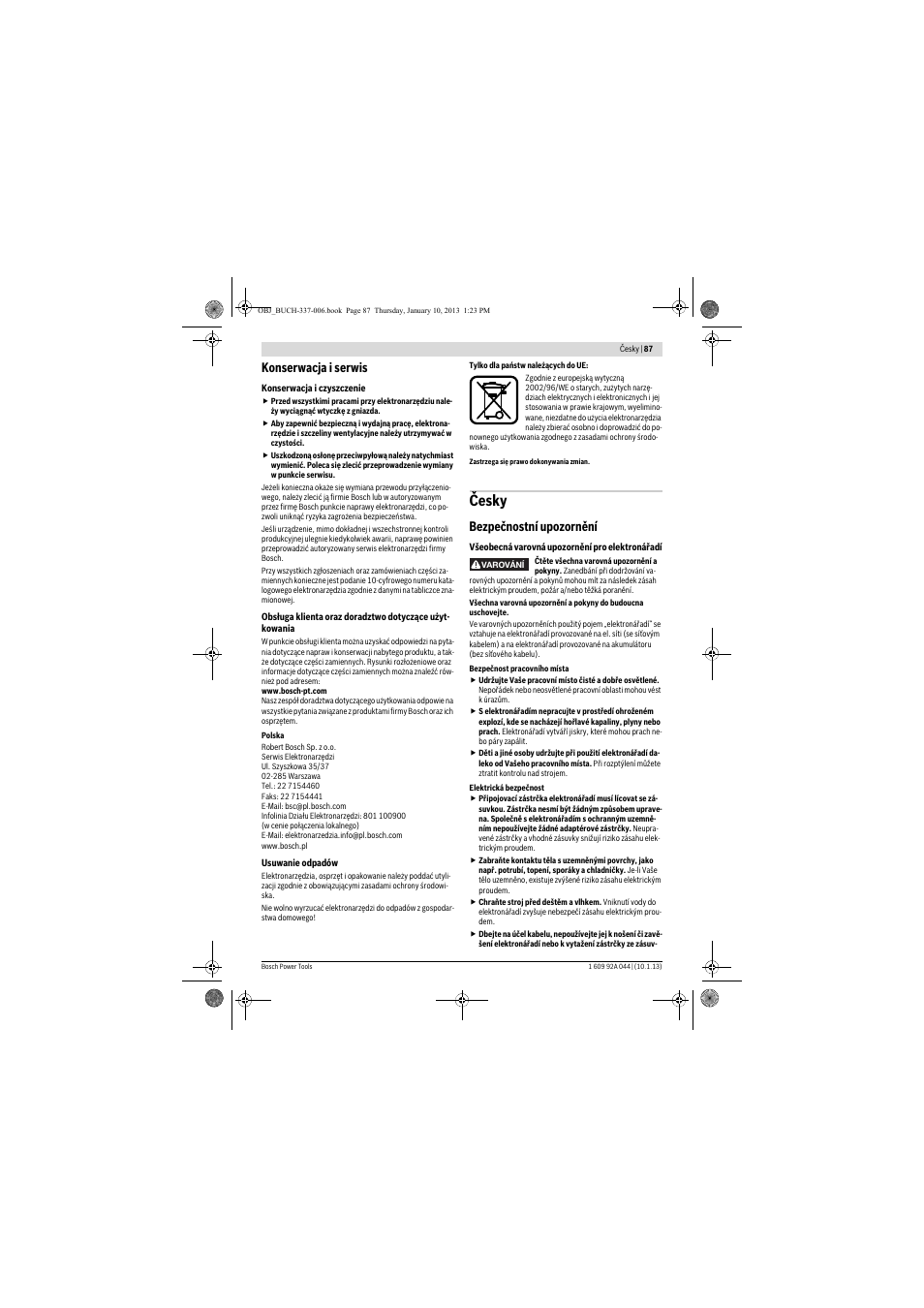 Česky, Konserwacja i serwis, Bezpečnostní upozornění | Bosch GBH 4-32 DFR Professional User Manual | Page 87 / 177