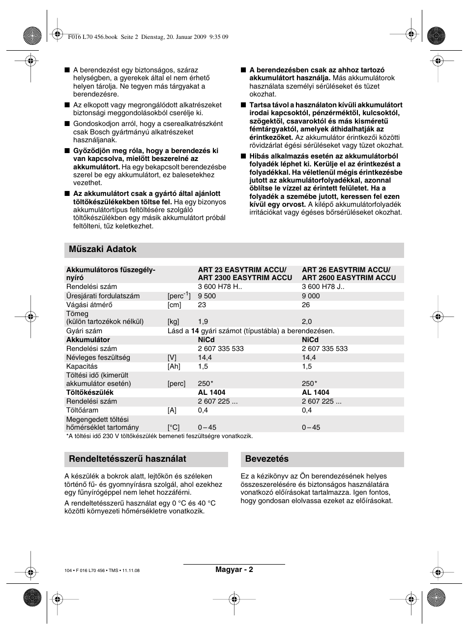 Mæszaki adatok, Rendeltetésszeræ használat bevezetés | Bosch ART EASYTRIM Accu User Manual | Page 104 / 171