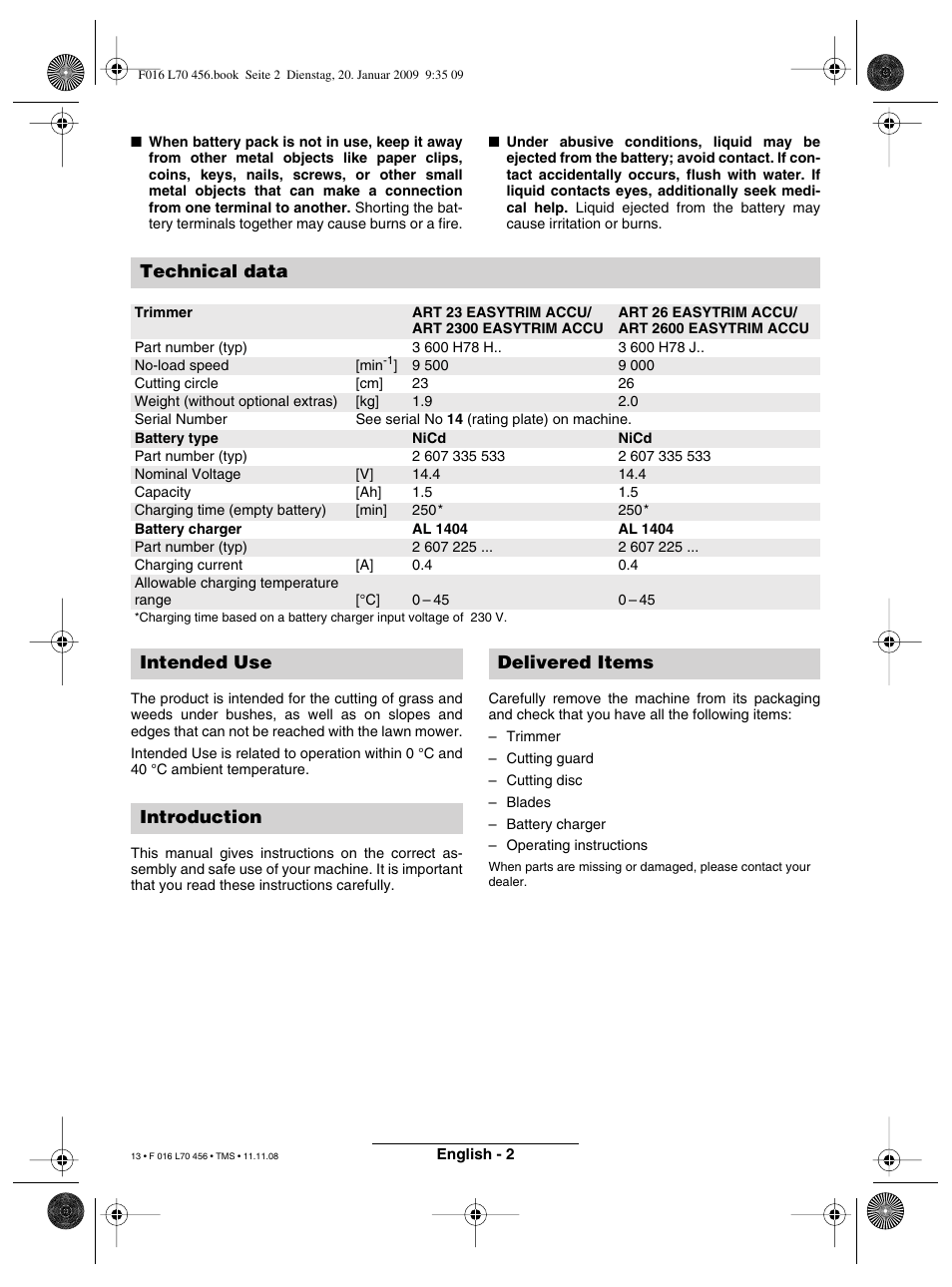 Technical data, Intended use introduction delivered items | Bosch ART EASYTRIM Accu User Manual | Page 13 / 171