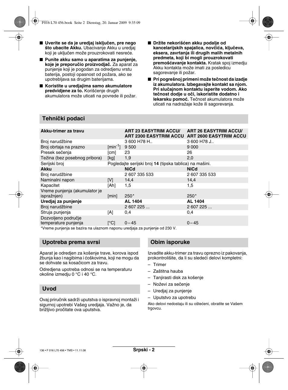 Tehniãki podaci, Upotreba prema svrsi uvod obim isporuke | Bosch ART EASYTRIM Accu User Manual | Page 136 / 171