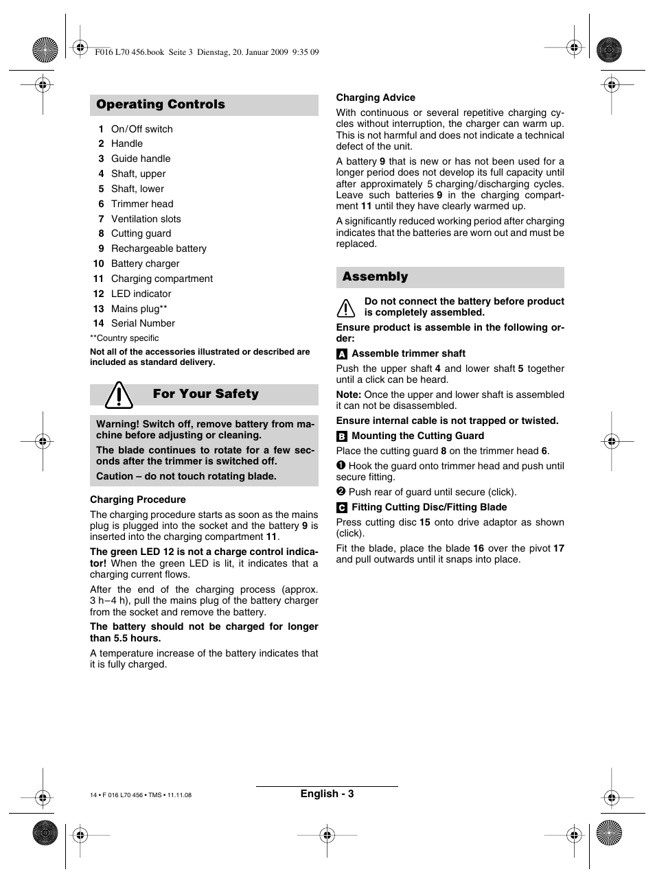 Operating controls for your safety, Assembly | Bosch ART EASYTRIM Accu User Manual | Page 14 / 171