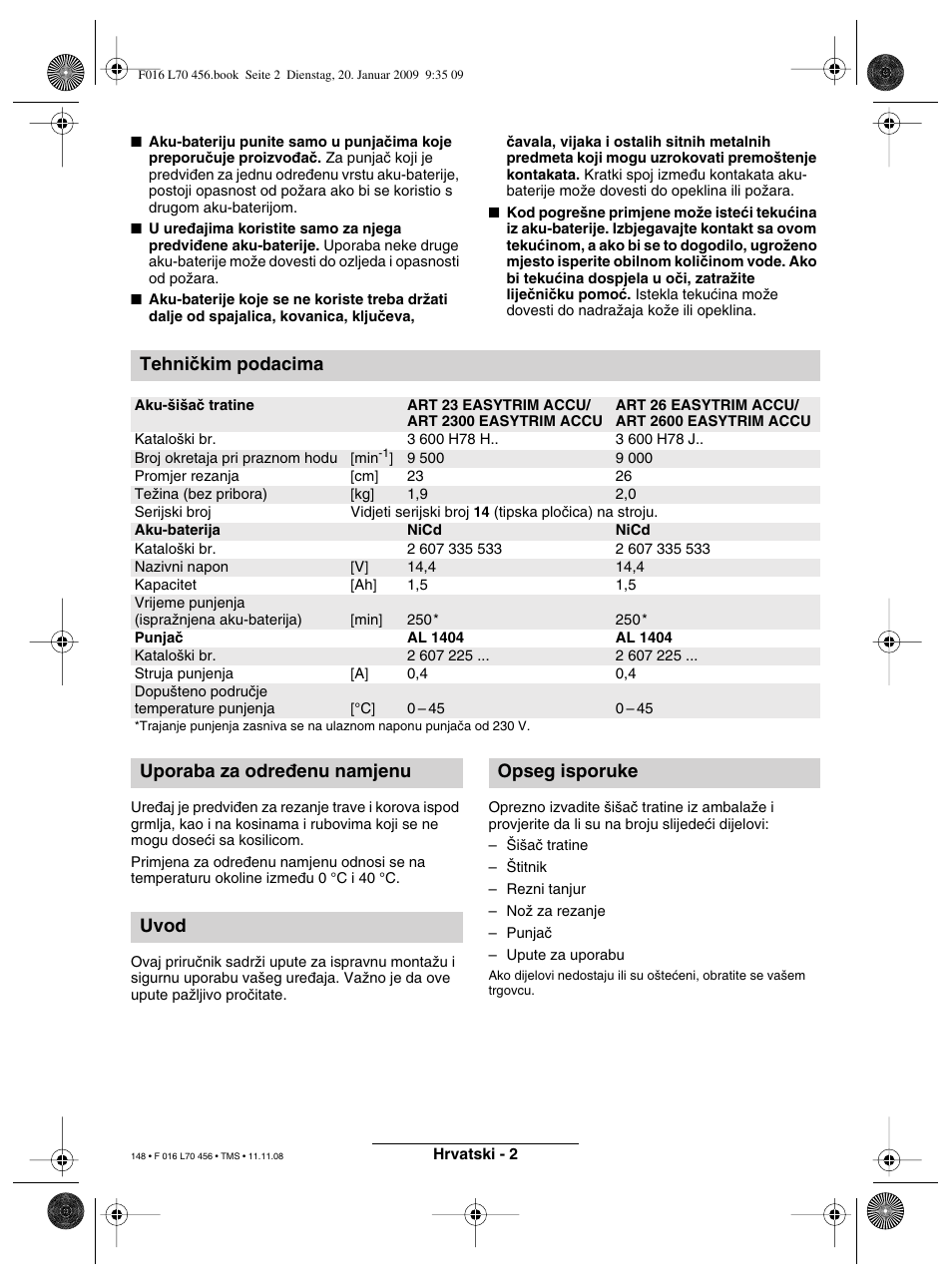 Tehniãkim podacima, Uporaba za odre∂enu namjenu uvod opseg isporuke | Bosch ART EASYTRIM Accu User Manual | Page 148 / 171