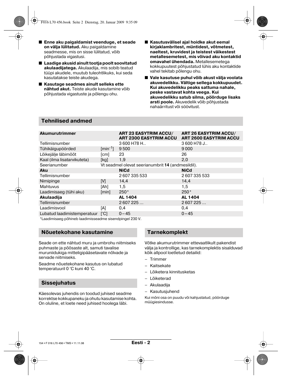 Tehnilised andmed, Nõuetekohane kasutamine sissejuhatus tarnekomplekt | Bosch ART EASYTRIM Accu User Manual | Page 154 / 171