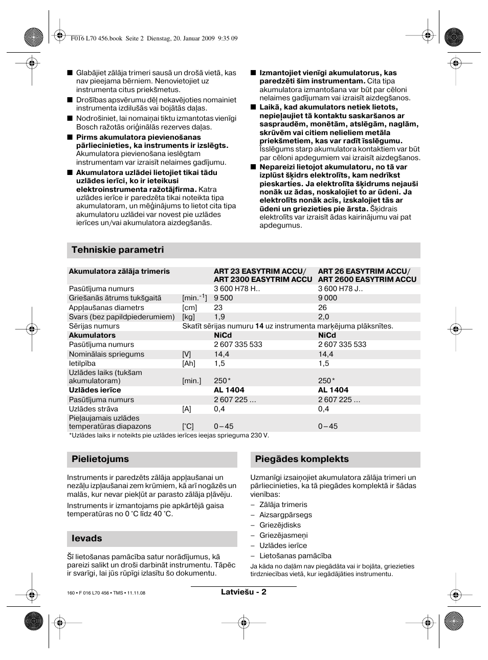 Tehniskie parametri, Pielietojums ievads piegādes komplekts | Bosch ART EASYTRIM Accu User Manual | Page 160 / 171