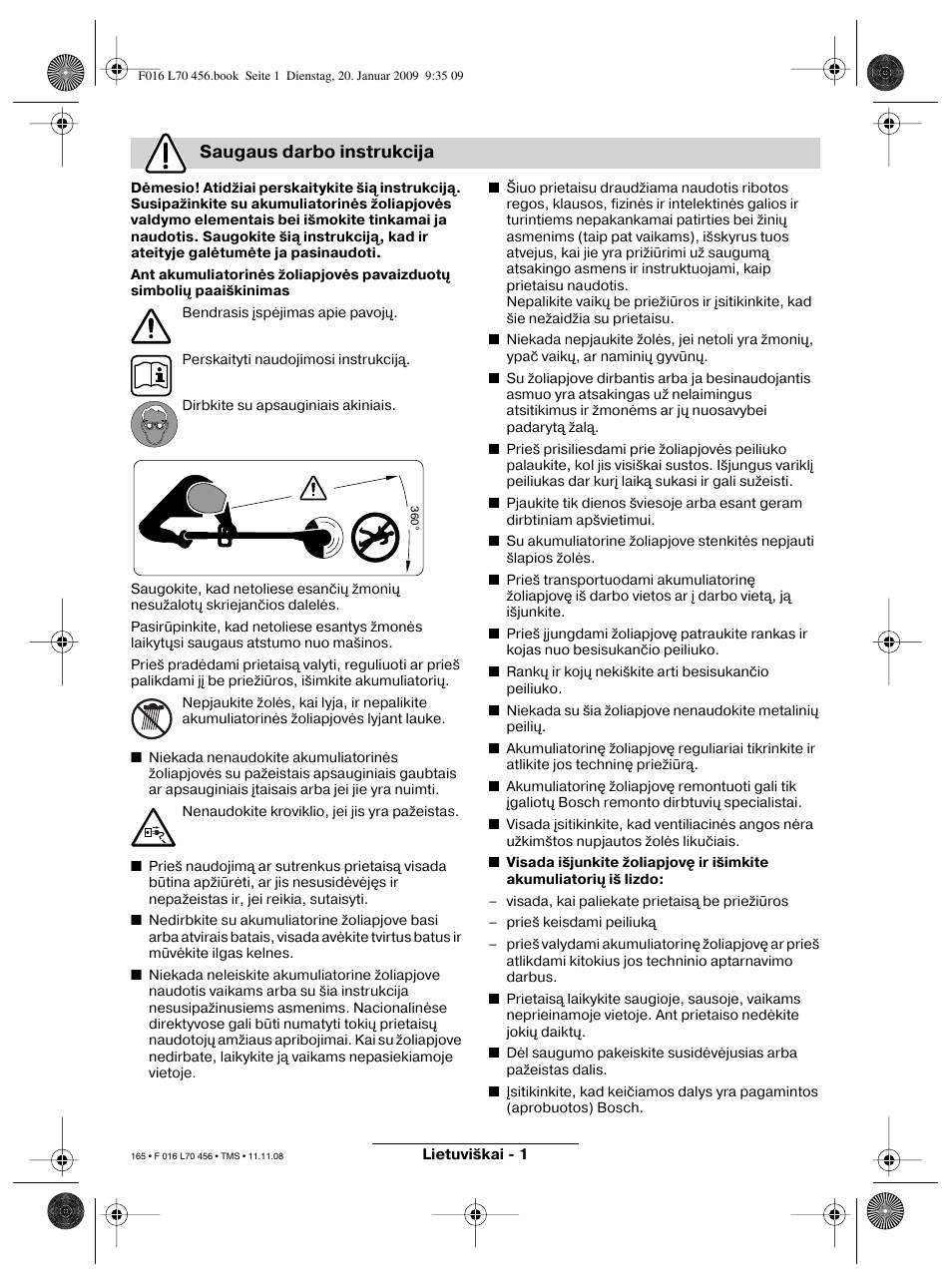 Saugaus darbo instrukcija | Bosch ART EASYTRIM Accu User Manual | Page 165 / 171