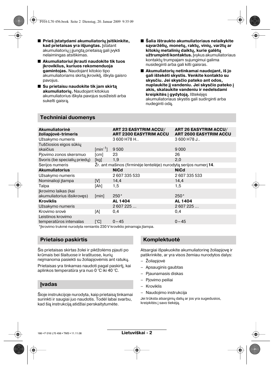 Techniniai duomenys, Prietaiso paskirtis įvadas komplektuotė | Bosch ART EASYTRIM Accu User Manual | Page 166 / 171