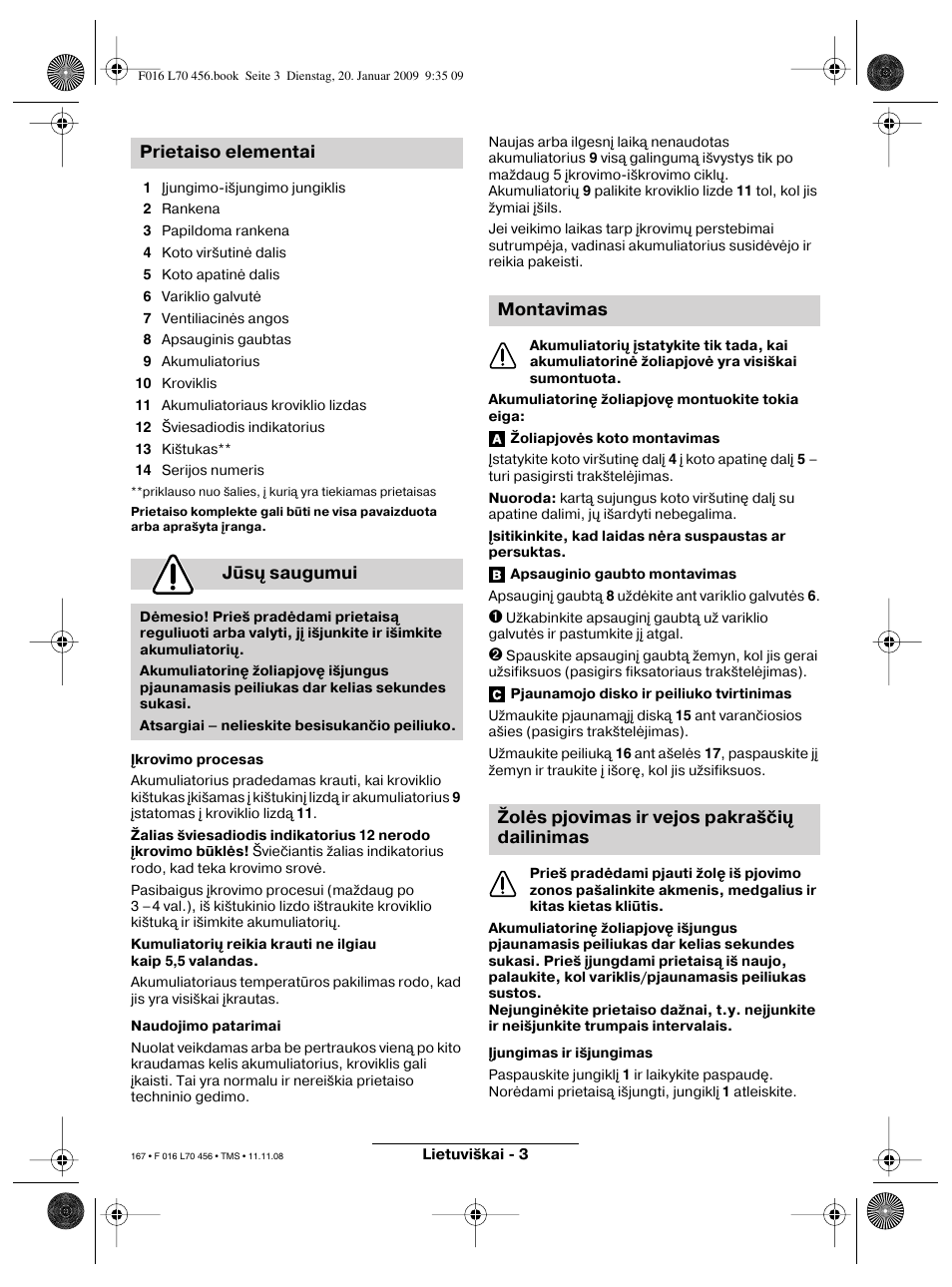 Prietaiso elementai jūsų saugumui | Bosch ART EASYTRIM Accu User Manual | Page 167 / 171