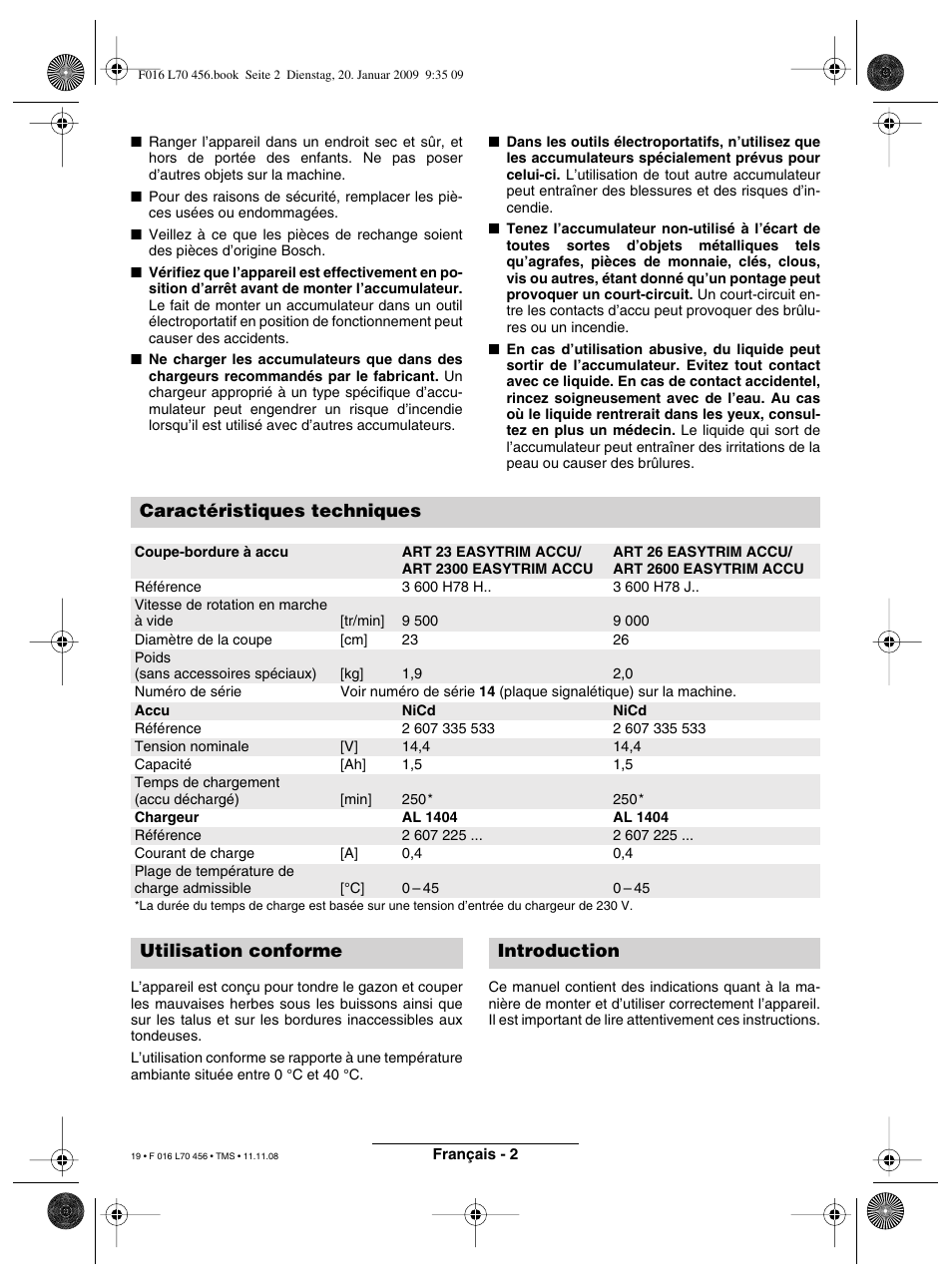 Caractéristiques techniques, Utilisation conforme introduction | Bosch ART EASYTRIM Accu User Manual | Page 19 / 171