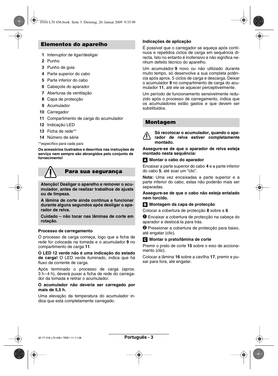 Elementos do aparelho para sua segurança, Montagem | Bosch ART EASYTRIM Accu User Manual | Page 32 / 171