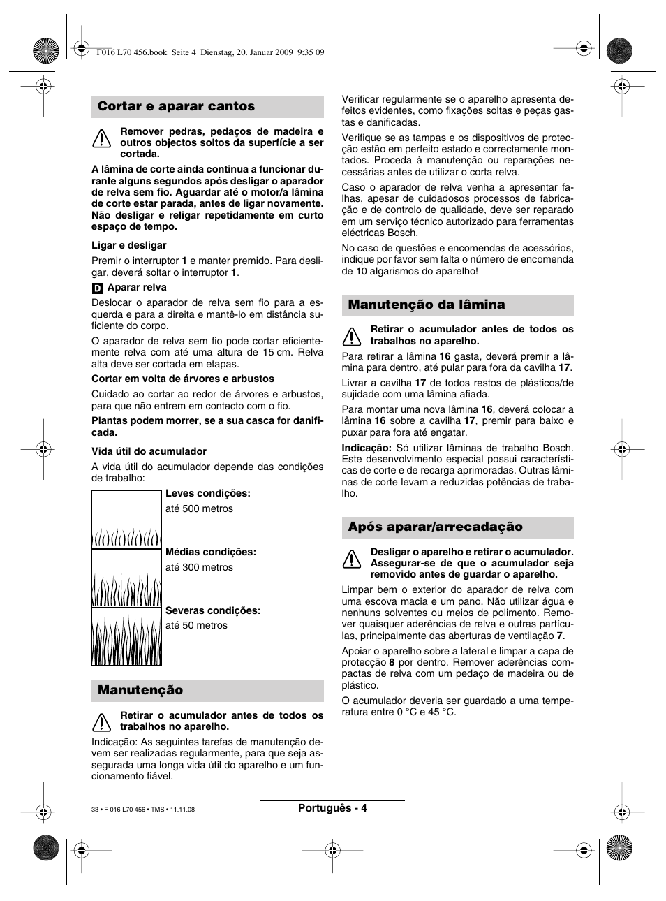 Cortar e aparar cantos manutenção, Manutenção da lâmina após aparar/arrecadação | Bosch ART EASYTRIM Accu User Manual | Page 33 / 171