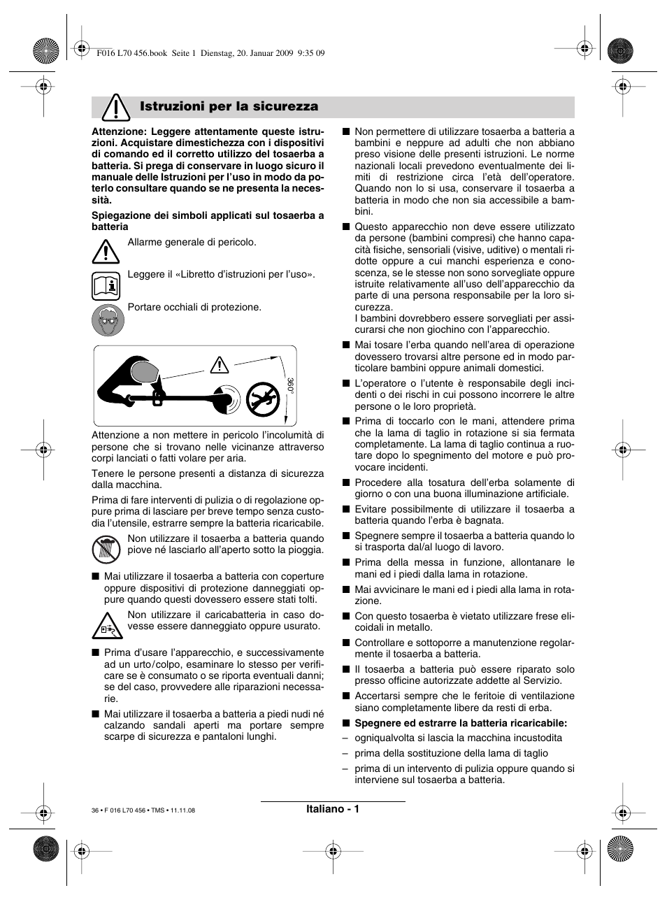 Istruzioni per la sicurezza | Bosch ART EASYTRIM Accu User Manual | Page 36 / 171