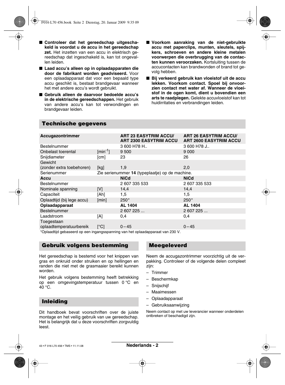 Technische gegevens, Gebruik volgens bestemming inleiding meegeleverd | Bosch ART EASYTRIM Accu User Manual | Page 43 / 171