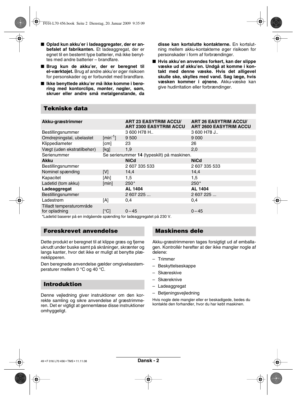 Tekniske data, Foreskrevet anvendelse introduktion maskinens dele | Bosch ART EASYTRIM Accu User Manual | Page 49 / 171