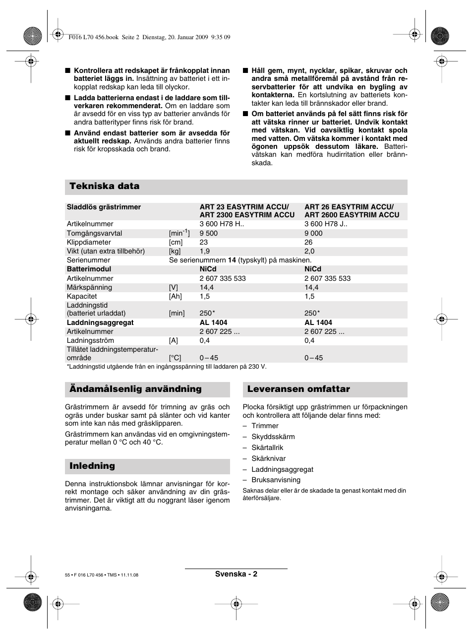 Tekniska data | Bosch ART EASYTRIM Accu User Manual | Page 55 / 171