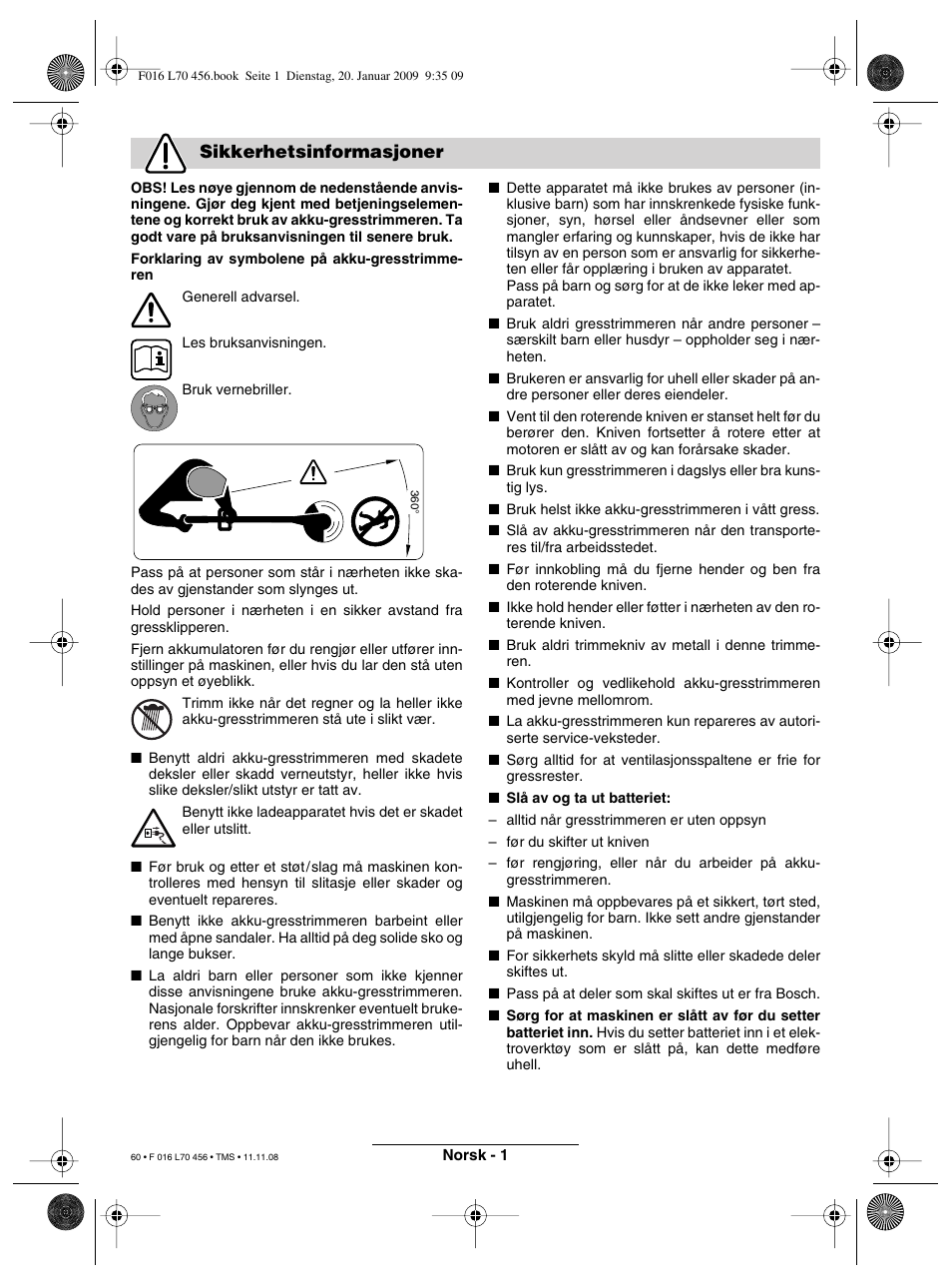 Sikkerhetsinformasjoner | Bosch ART EASYTRIM Accu User Manual | Page 60 / 171