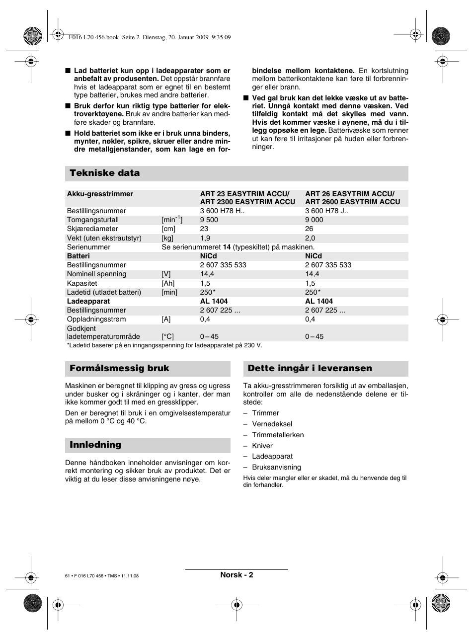 Tekniske data | Bosch ART EASYTRIM Accu User Manual | Page 61 / 171