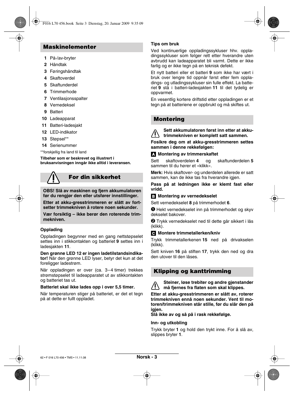 Maskinelementer for din sikkerhet, Montering klipping og kanttrimming | Bosch ART EASYTRIM Accu User Manual | Page 62 / 171