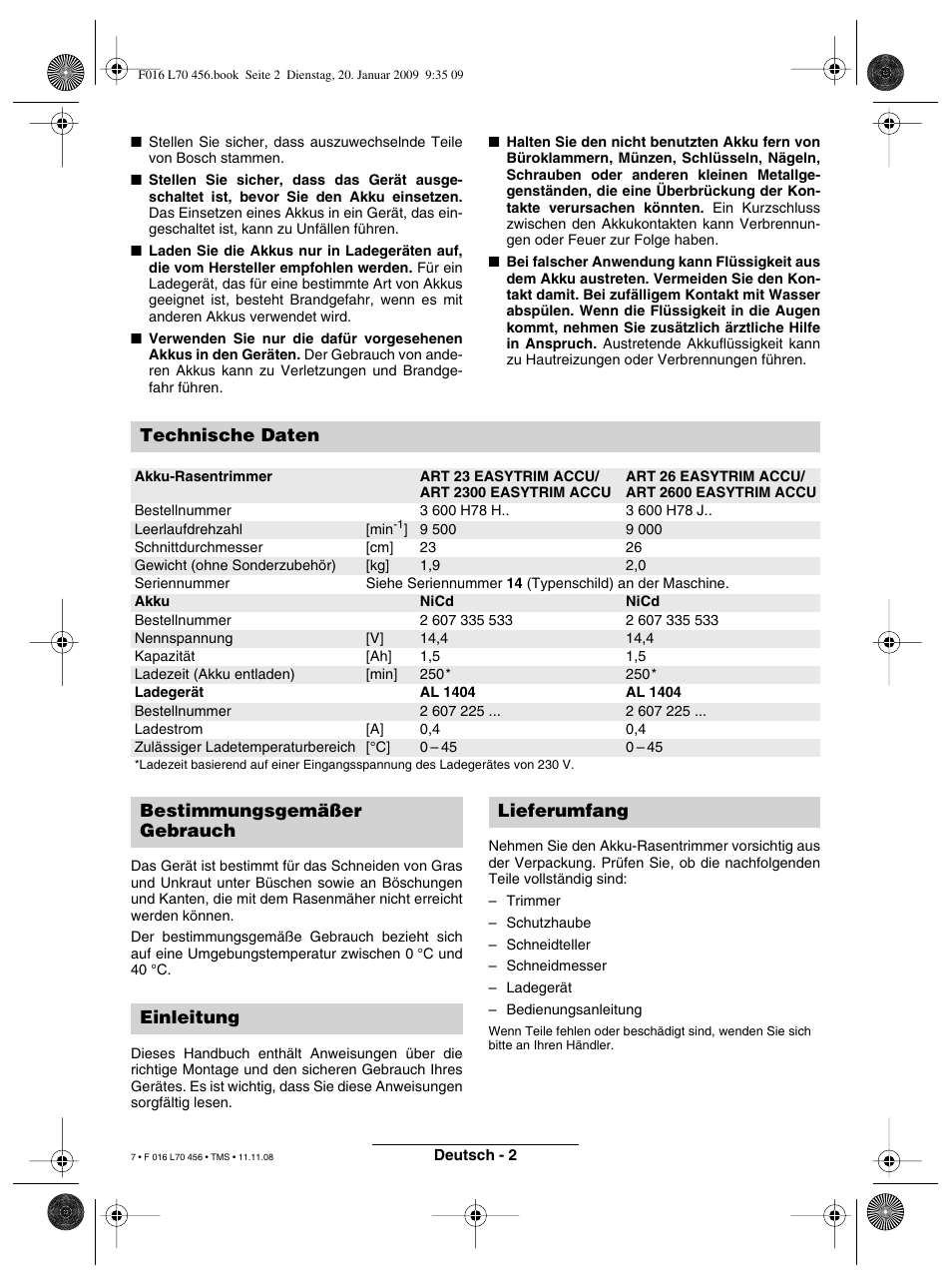 Technische daten | Bosch ART EASYTRIM Accu User Manual | Page 7 / 171