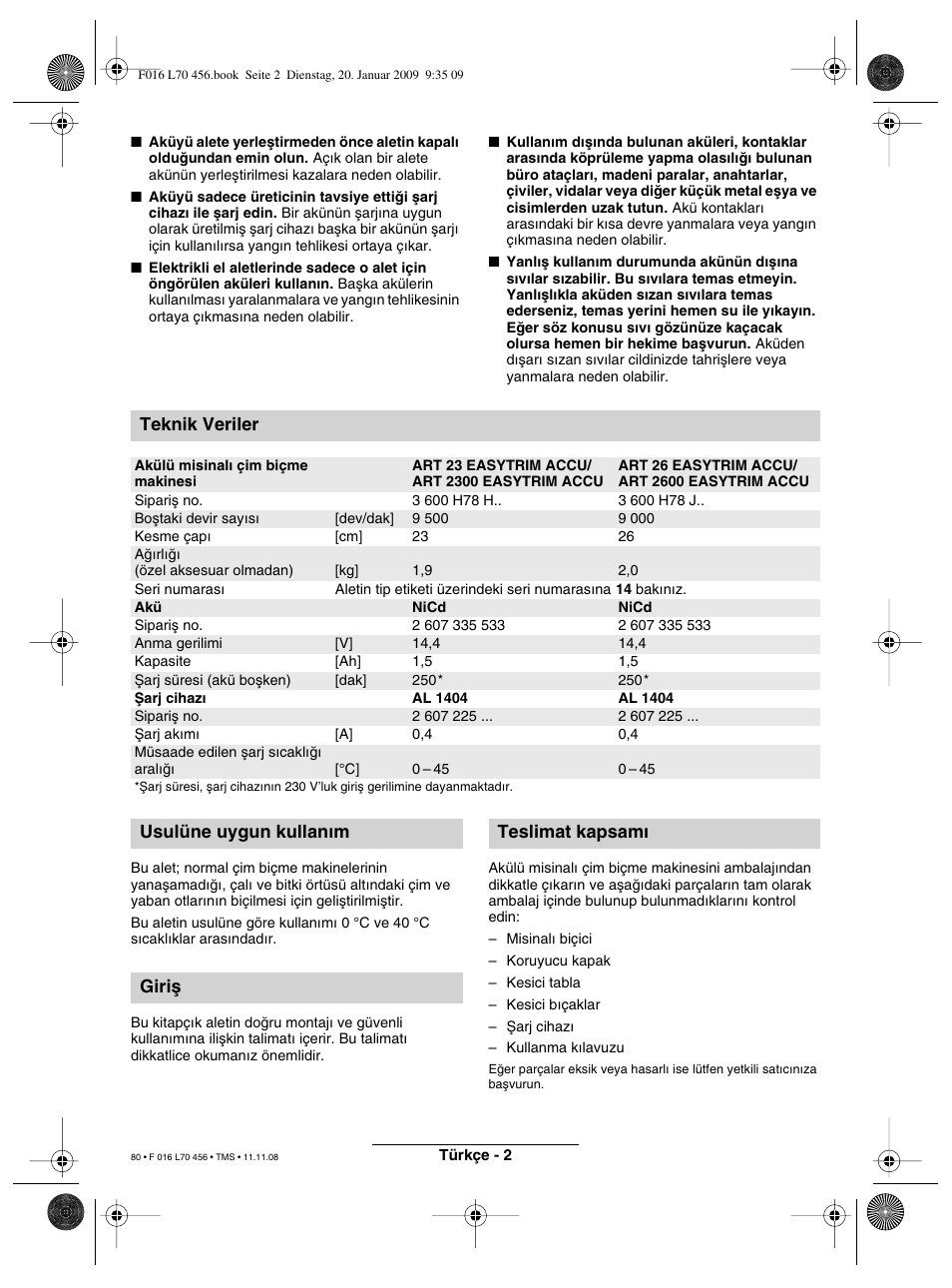 Teknik veriler, Usulüne uygun kullan∂m giriµ teslimat kapsam | Bosch ART EASYTRIM Accu User Manual | Page 80 / 171