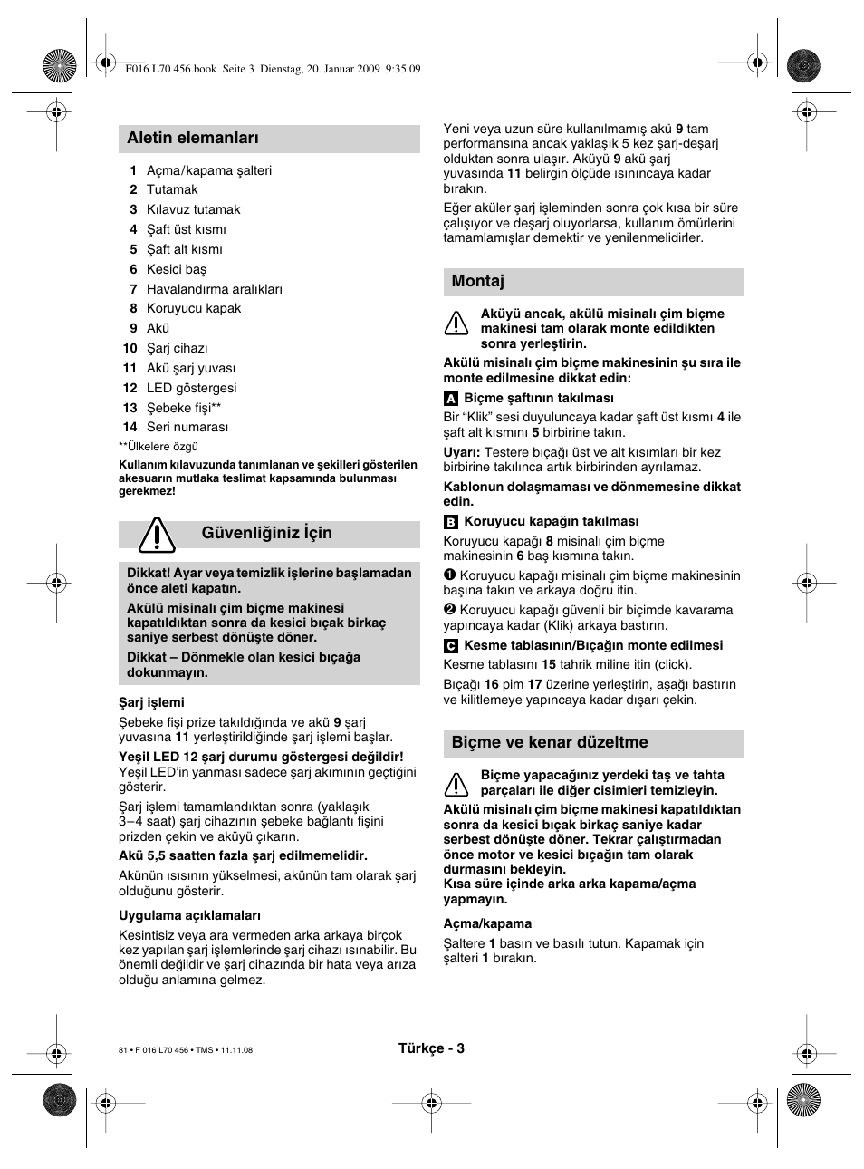 Aletin elemanlar∂ güvenliπiniz ∑çin, Montaj biçme ve kenar düzeltme | Bosch ART EASYTRIM Accu User Manual | Page 81 / 171