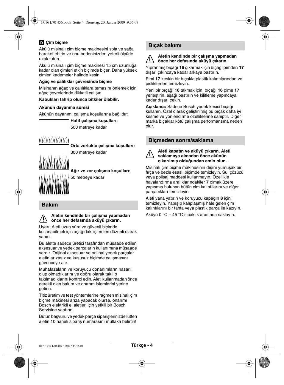 Bak∂m, B∂çak bak∂m∂ biçmeden sonra/saklama | Bosch ART EASYTRIM Accu User Manual | Page 82 / 171