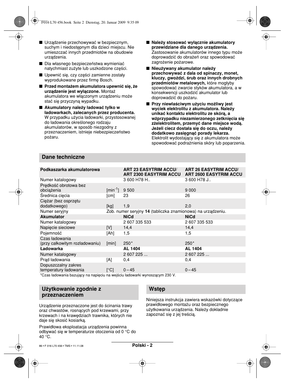 Dane techniczne, U†ytkowanie zgodnie z przeznaczeniem wst∑p | Bosch ART EASYTRIM Accu User Manual | Page 86 / 171