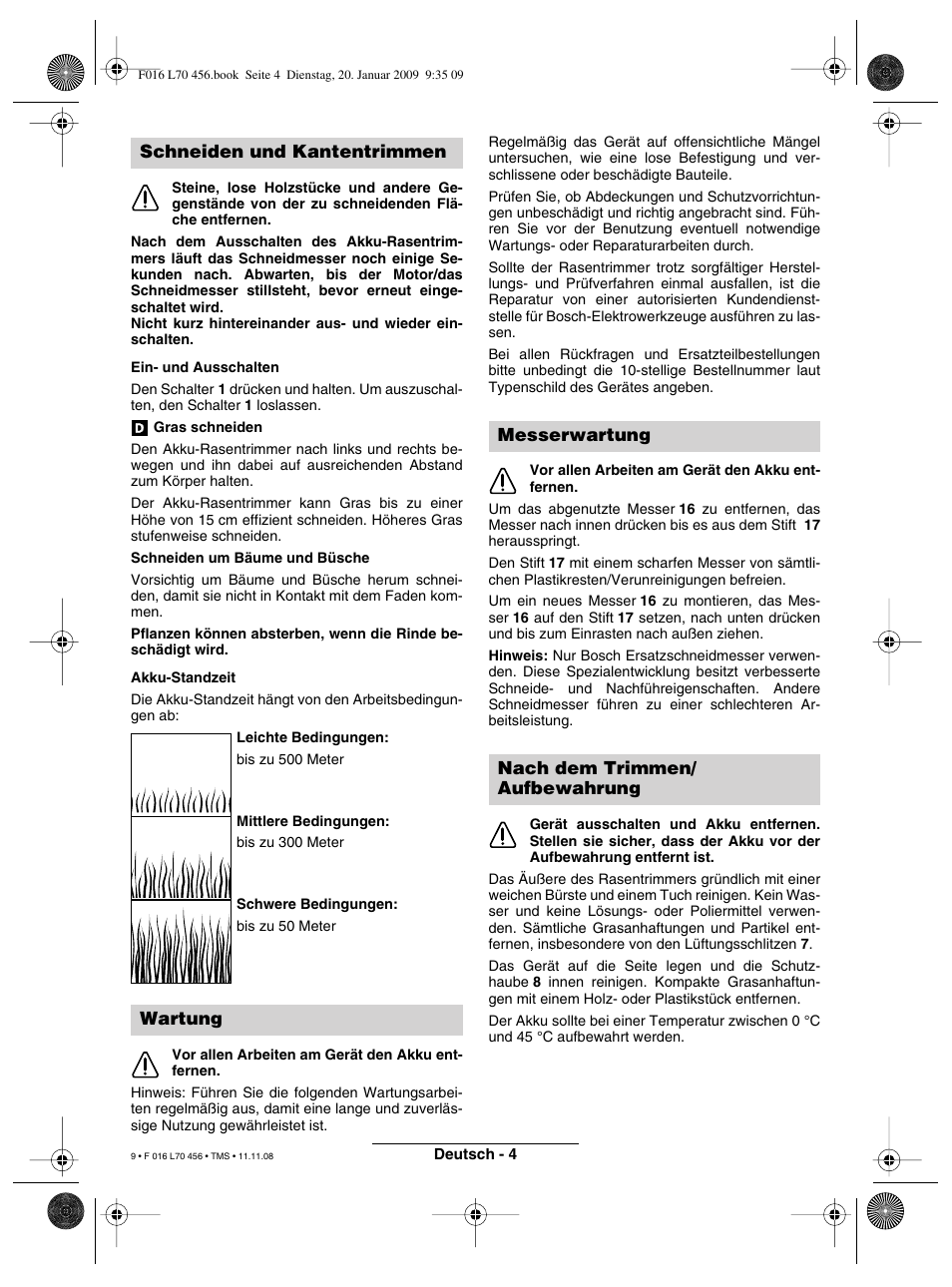 Schneiden und kantentrimmen wartung, Messerwartung nach dem trimmen/ aufbewahrung | Bosch ART EASYTRIM Accu User Manual | Page 9 / 171