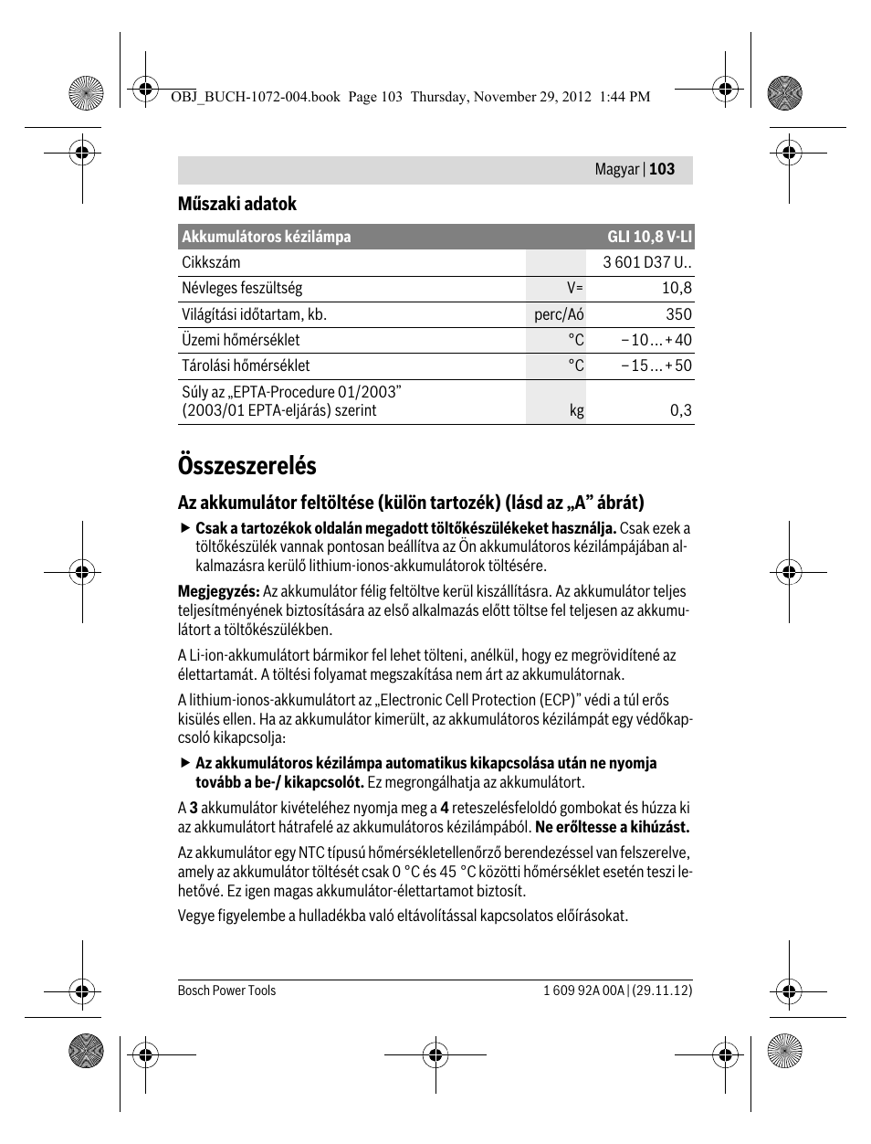 Összeszerelés | Bosch GLI 10,8 V-LI Professional User Manual | Page 103 / 177