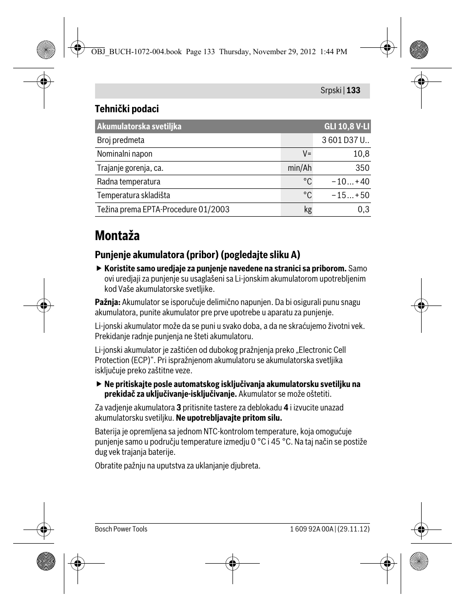 Montaža | Bosch GLI 10,8 V-LI Professional User Manual | Page 133 / 177