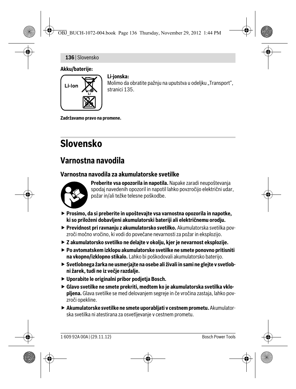 Slovensko, Varnostna navodila | Bosch GLI 10,8 V-LI Professional User Manual | Page 136 / 177