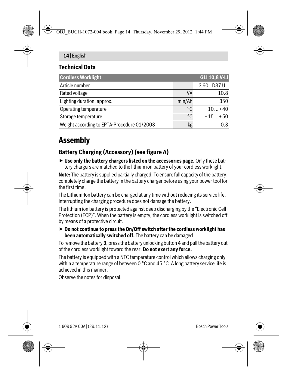 Assembly | Bosch GLI 10,8 V-LI Professional User Manual | Page 14 / 177