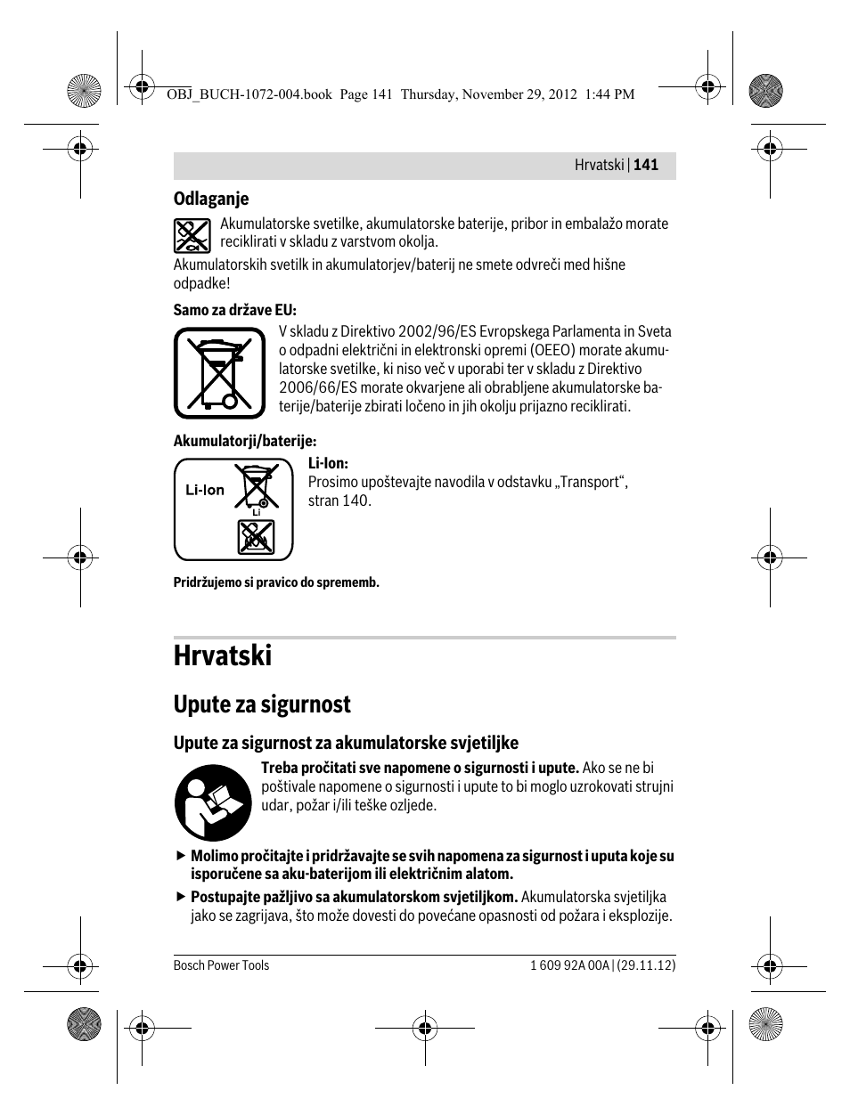 Hrvatski, Upute za sigurnost | Bosch GLI 10,8 V-LI Professional User Manual | Page 141 / 177