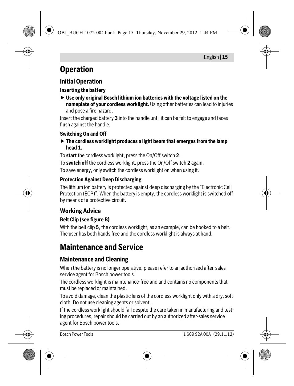 Operation, Maintenance and service | Bosch GLI 10,8 V-LI Professional User Manual | Page 15 / 177