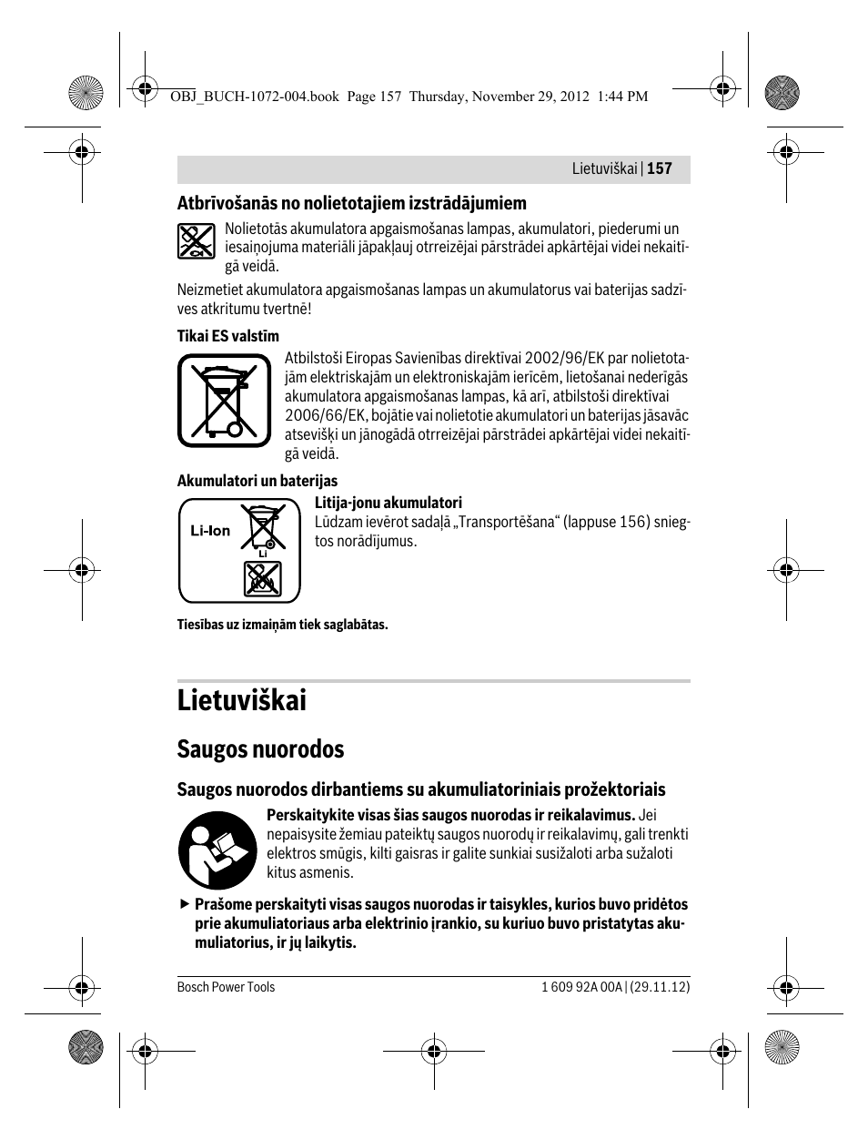 Lietuviškai, Saugos nuorodos | Bosch GLI 10,8 V-LI Professional User Manual | Page 157 / 177