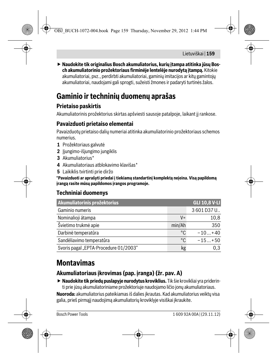 Gaminio ir techninių duomenų aprašas, Montavimas | Bosch GLI 10,8 V-LI Professional User Manual | Page 159 / 177
