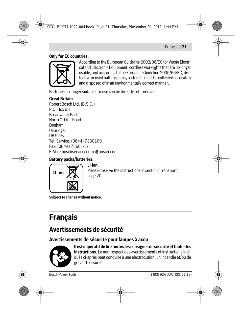 Français, Avertissements de sécurité | Bosch GLI 10,8 V-LI Professional User Manual | Page 21 / 177