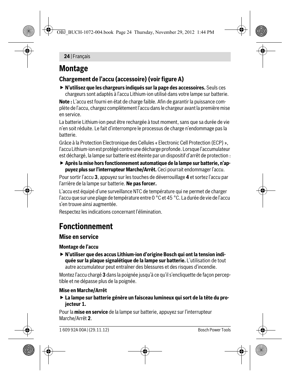 Montage, Fonctionnement | Bosch GLI 10,8 V-LI Professional User Manual | Page 24 / 177