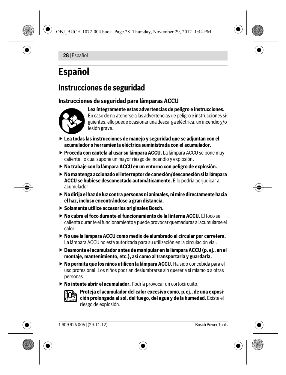 Español, Instrucciones de seguridad | Bosch GLI 10,8 V-LI Professional User Manual | Page 28 / 177