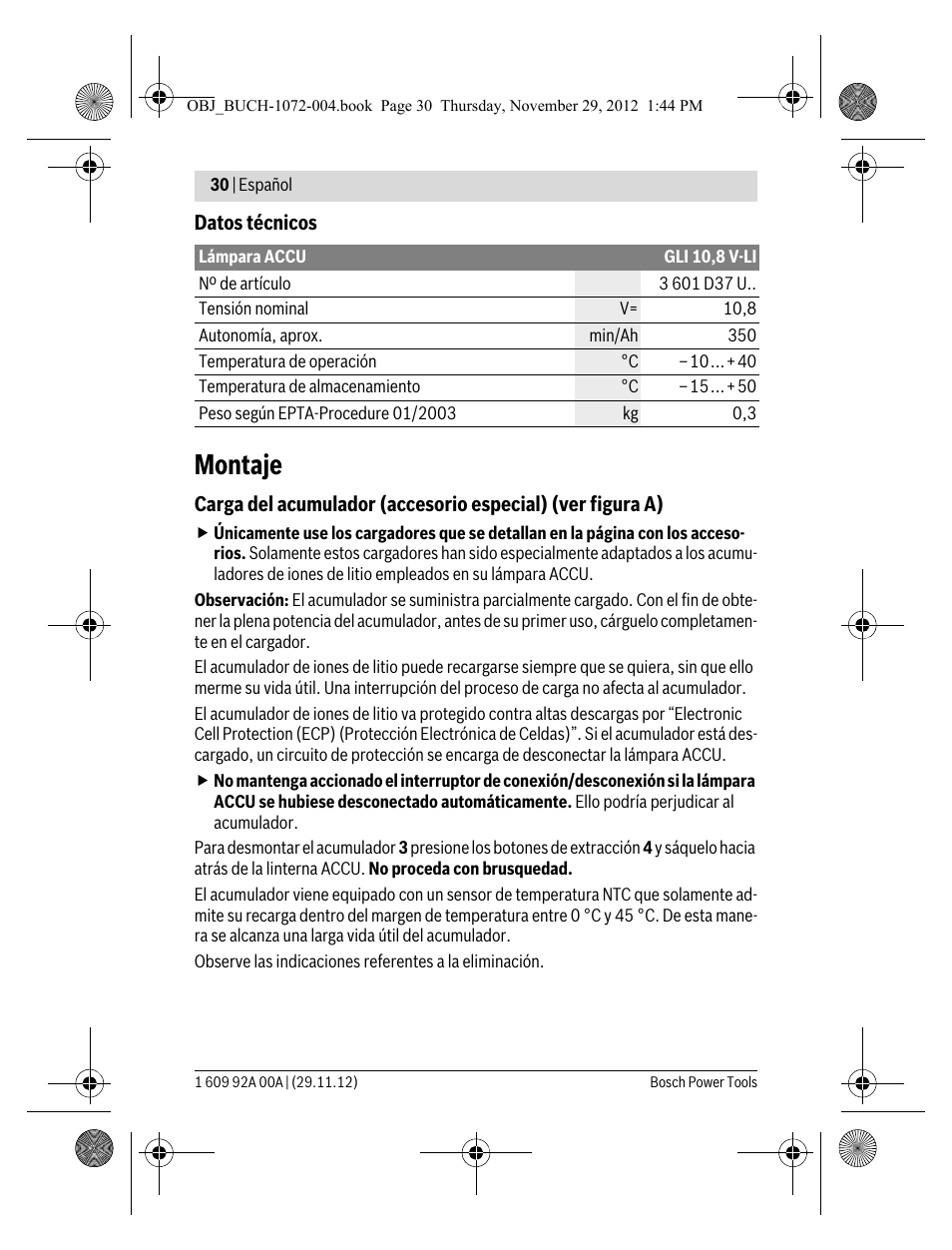 Montaje | Bosch GLI 10,8 V-LI Professional User Manual | Page 30 / 177