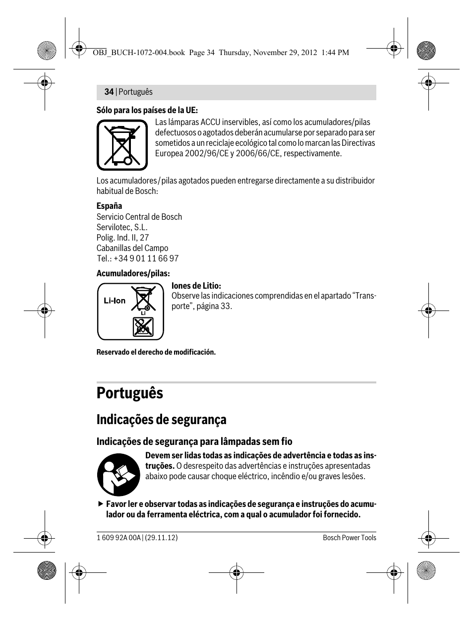 Português, Indicações de segurança | Bosch GLI 10,8 V-LI Professional User Manual | Page 34 / 177