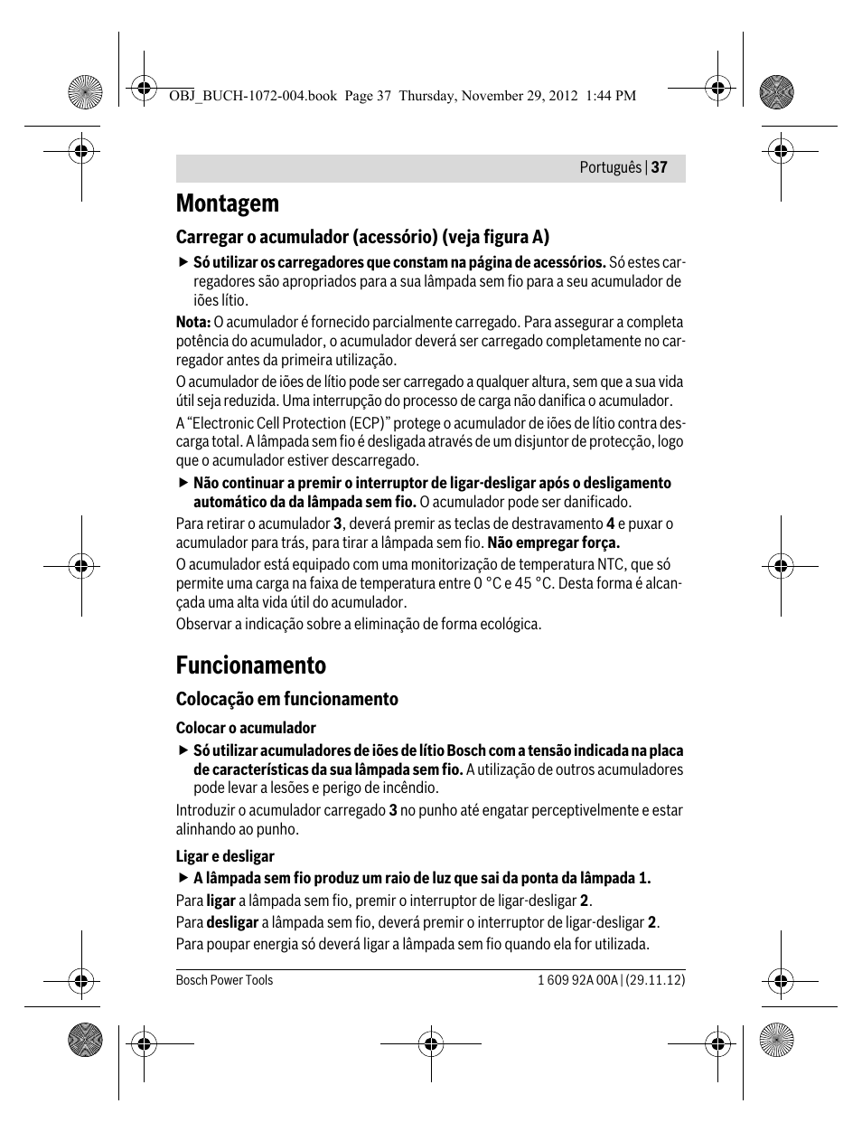 Montagem, Funcionamento | Bosch GLI 10,8 V-LI Professional User Manual | Page 37 / 177