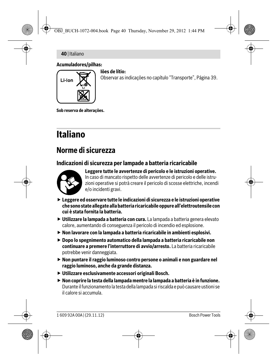 Italiano, Norme di sicurezza | Bosch GLI 10,8 V-LI Professional User Manual | Page 40 / 177