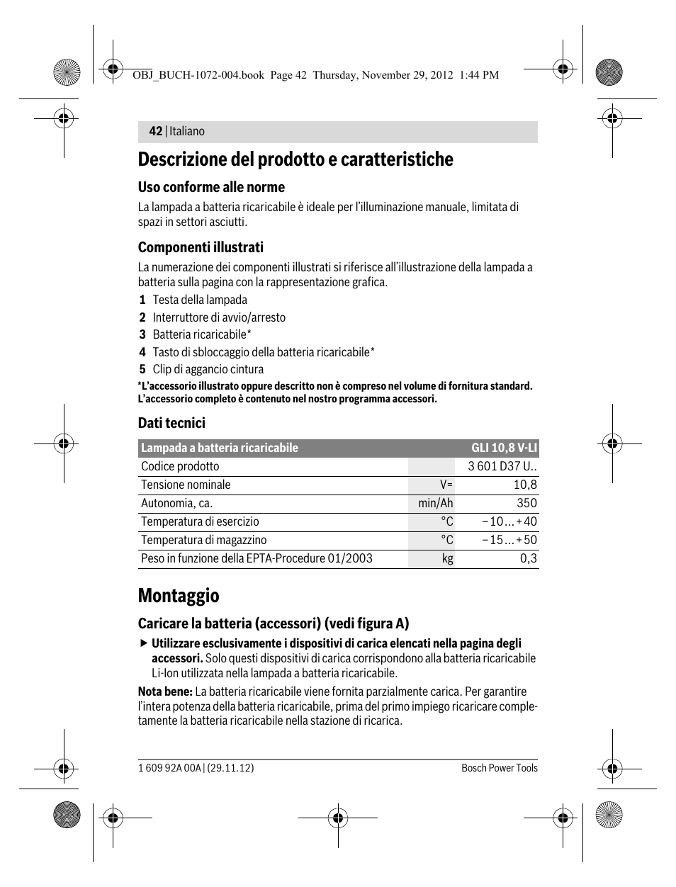 Descrizione del prodotto e caratteristiche, Montaggio | Bosch GLI 10,8 V-LI Professional User Manual | Page 42 / 177